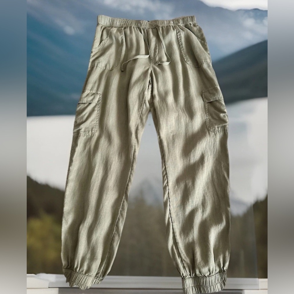 Nicole Miller 100% Linen Pull On Sage Olive Green Cargo Joggers Womens Sz XL